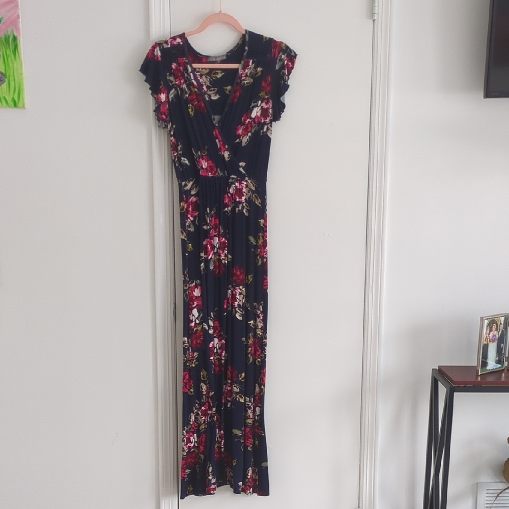 Navy and Pink Floral Maxi Dress